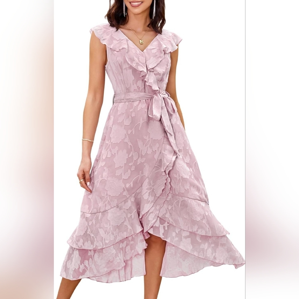 Grace Karin Ruffle Chiffon Flowy Faux Wrap Midi Dress 2XL NWT - Picture 1 of 4